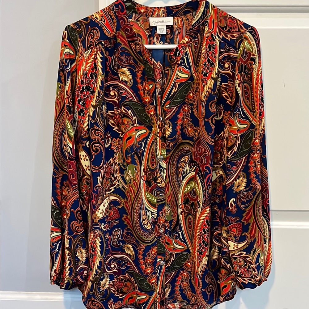 CAbi Orange Red 3/4 Sleeve Buttoned Blouse